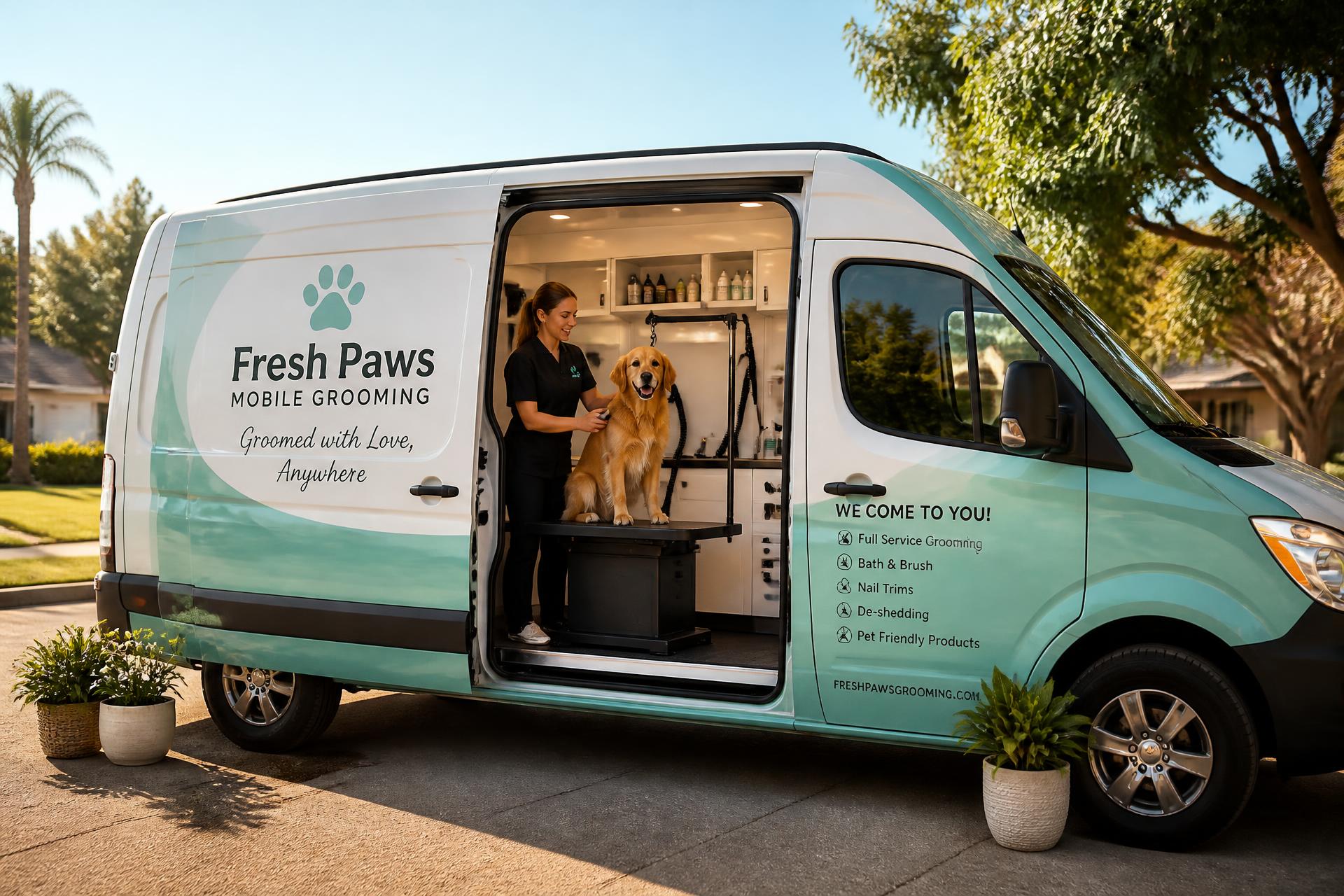 PetRefresh mobile grooming van with a golden retriever being groomed
